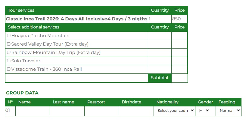 inca trail booking 2026