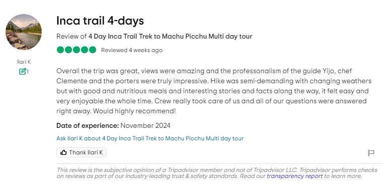 Inca Trail tours 2022 reviews