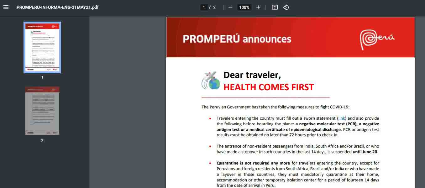 Peru Travel Restrictions